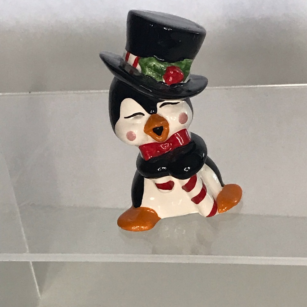 Vintage Josef Christmas Penguin Holding a Candy Cane Wearing a Top Hat & Bow Tie